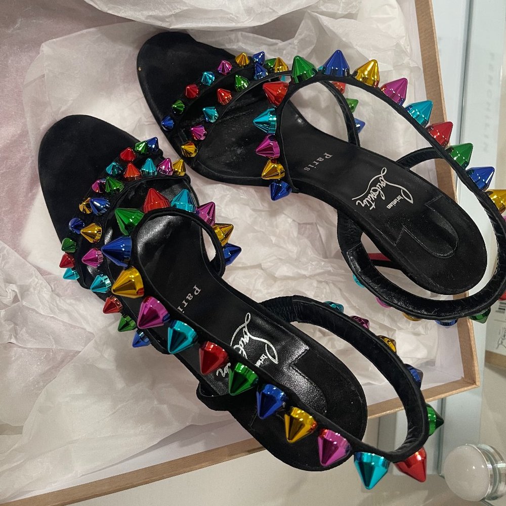 CHRISTIAN LOUBOUTIN Spikita 100 mm black and rainbow suede sandal heels - Picture 7 of 7